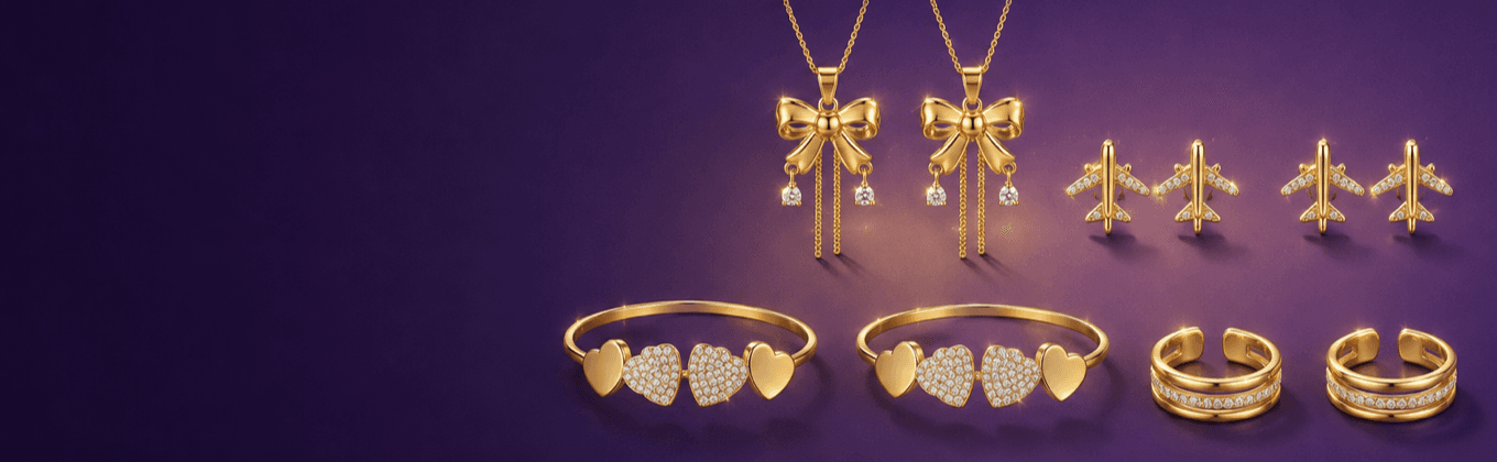 Two of each piece - tulip stud earrings, pink stone pendants and stacking rings