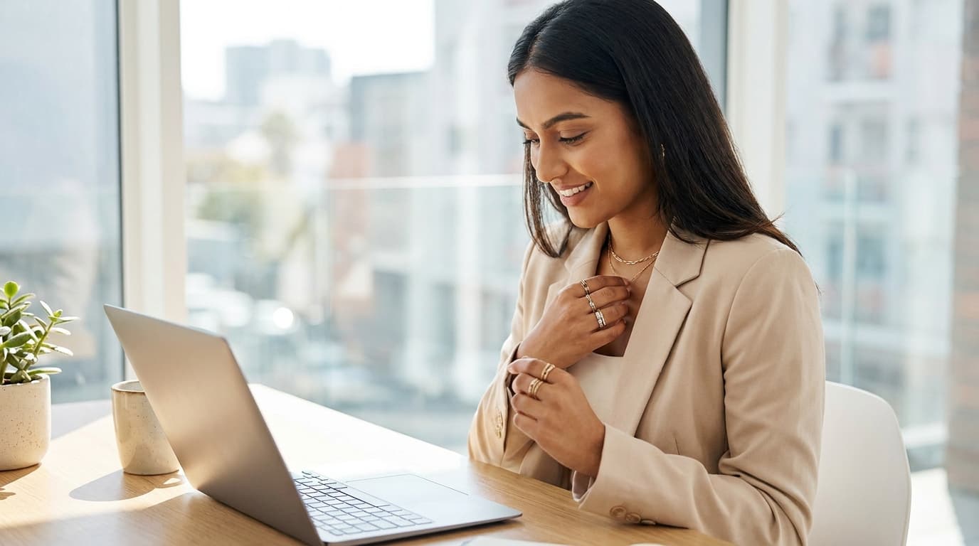 A working woman adjusting her jewellery at her desk