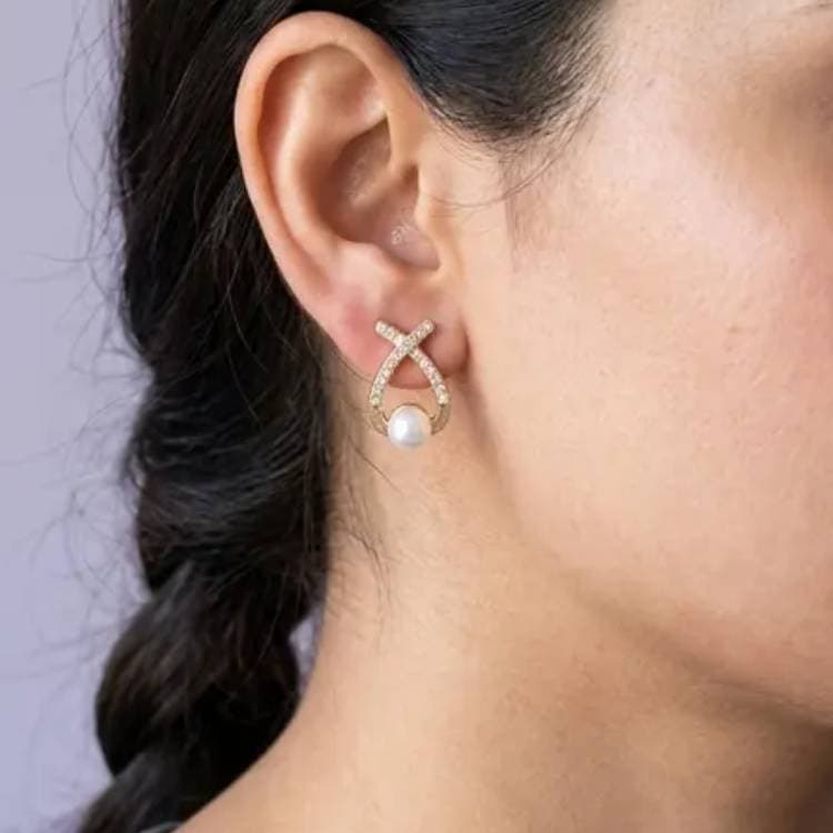Crossover Pave Studs With Pearl-Look Bead