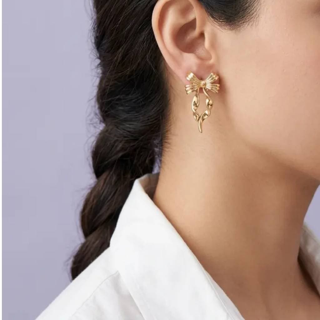 Pleated Fan Bow Drop Earrings Plain Metal