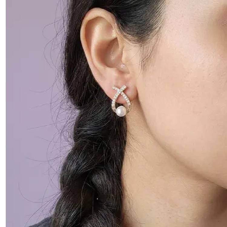 Crossover Crystal Stud Earrings With Pearl-Look Bead