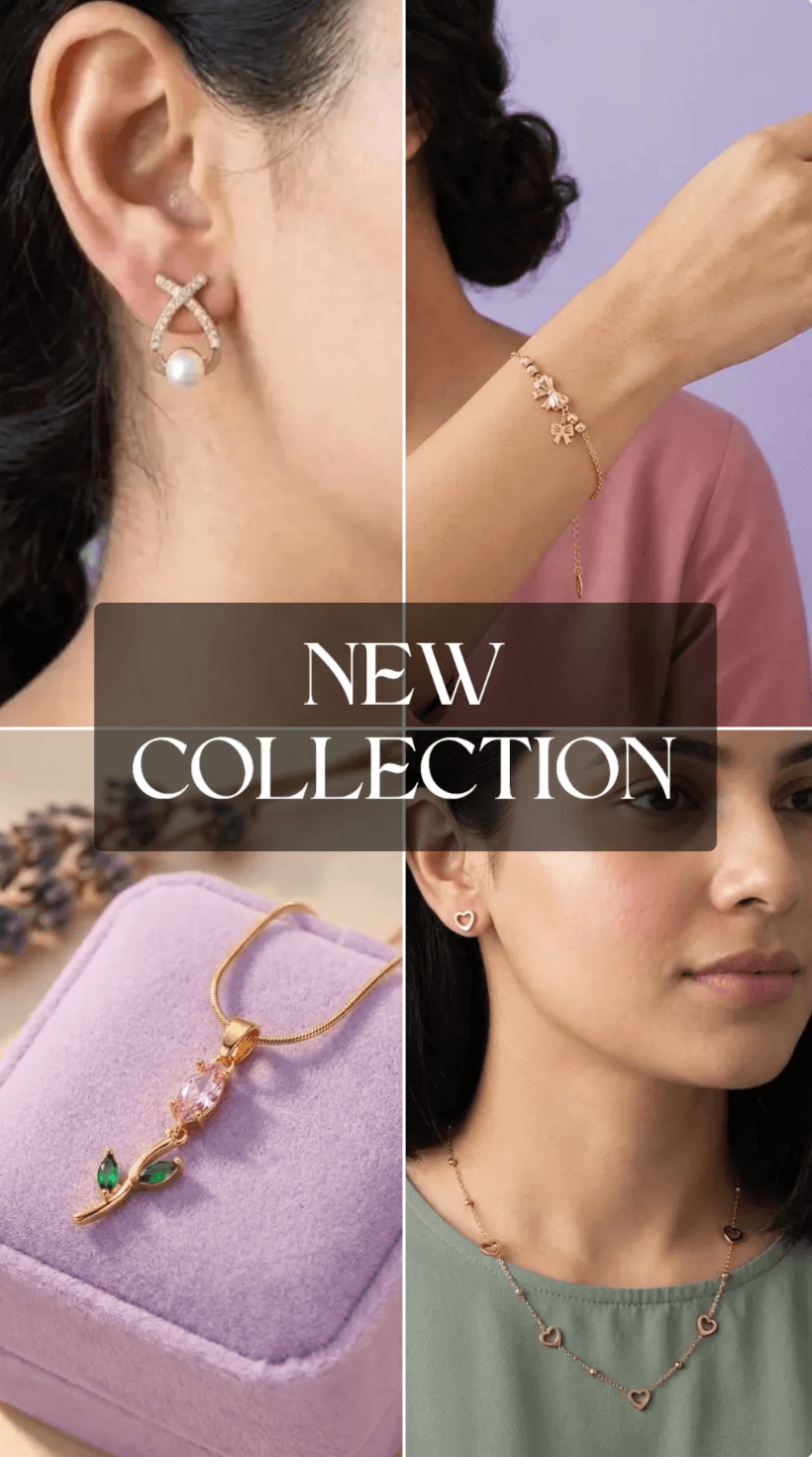 New collection. Same rule: light enough to forget you're wearing it.

Gold-toned hoops, stacking rings and pendants that go from
morning meetings to whatever the evening turns into.

Anti-tarnish. Skin-safe. From ₹349.