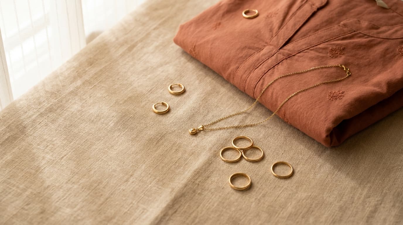 Everyday gold-toned fashion jewellery flat lay on beige linen