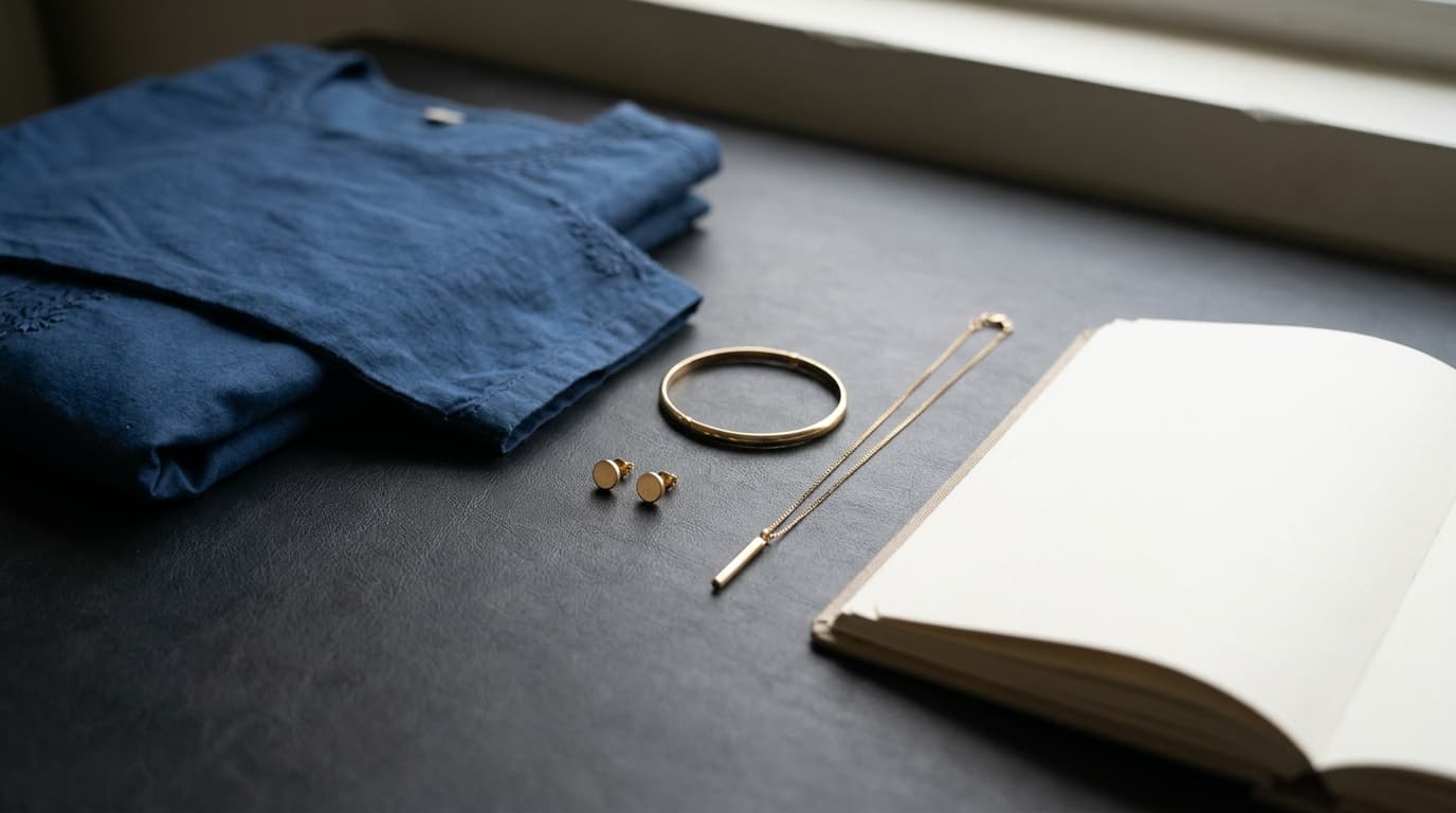 Understated office wear jewellery arranged on a desk