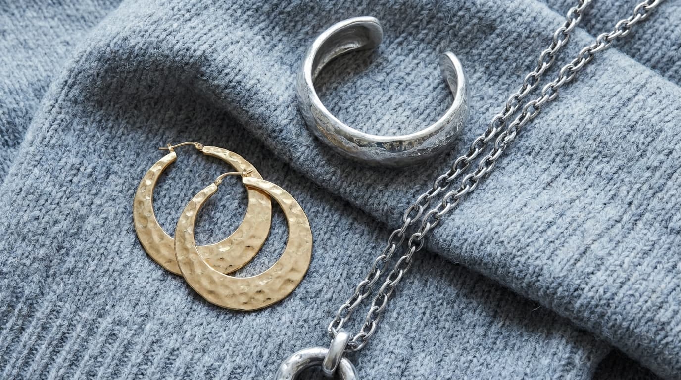 Gold-tone statement hoops, a textured silver cuff and a long pendant chain on grey wool knit