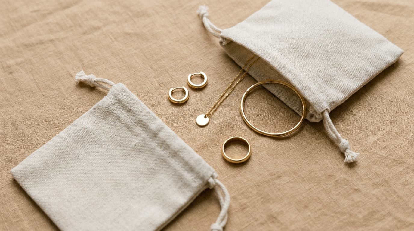 Gold-tone huggie earrings, pendant chain, bracelet and ring beside a small travel pouch on linen