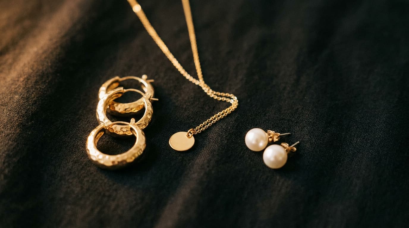 Gold-tone hoops, a fine gold chain and pearl studs arranged on black cotton fabric