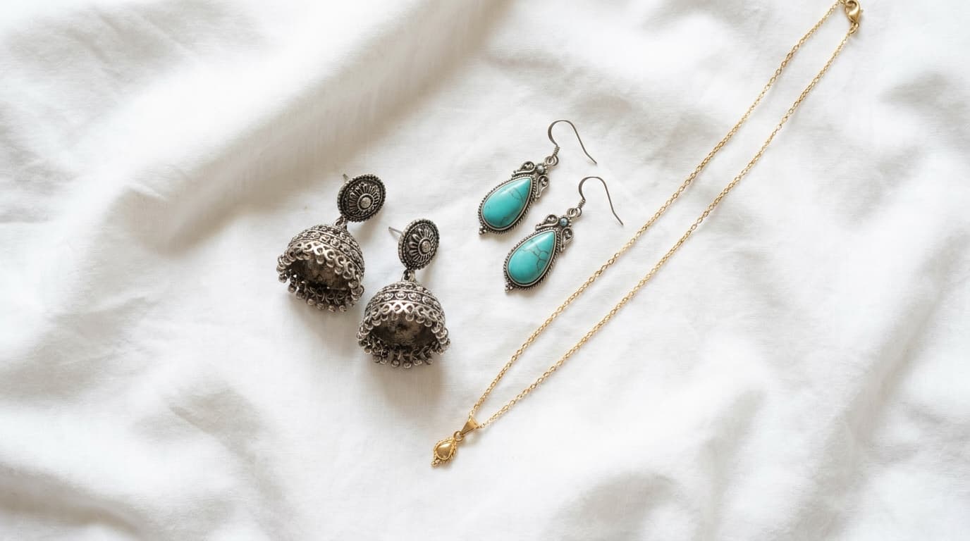 Oxidised silver jhumkas, turquoise drop earrings and a fine gold chain on white cotton