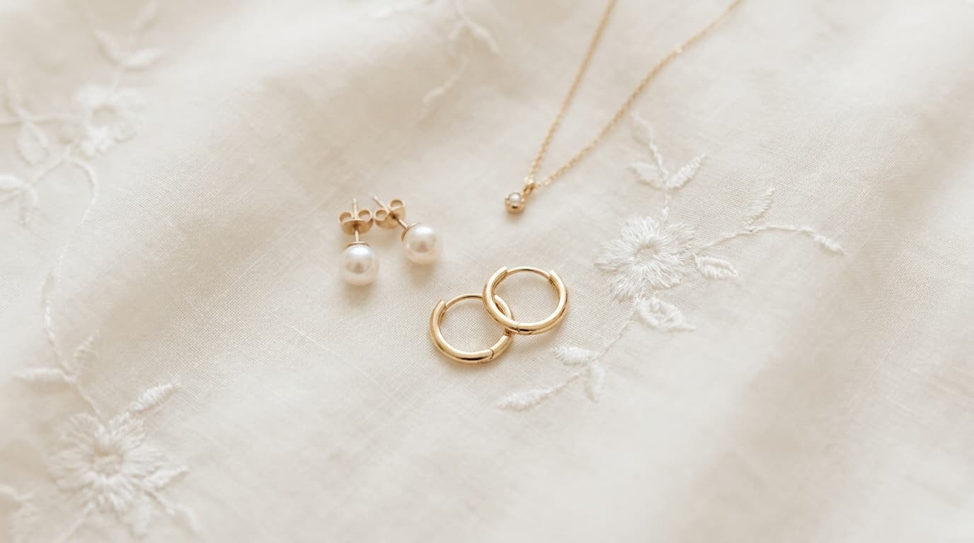 Pearl studs, thin gold huggies and a delicate chain on ivory chikankari fabric