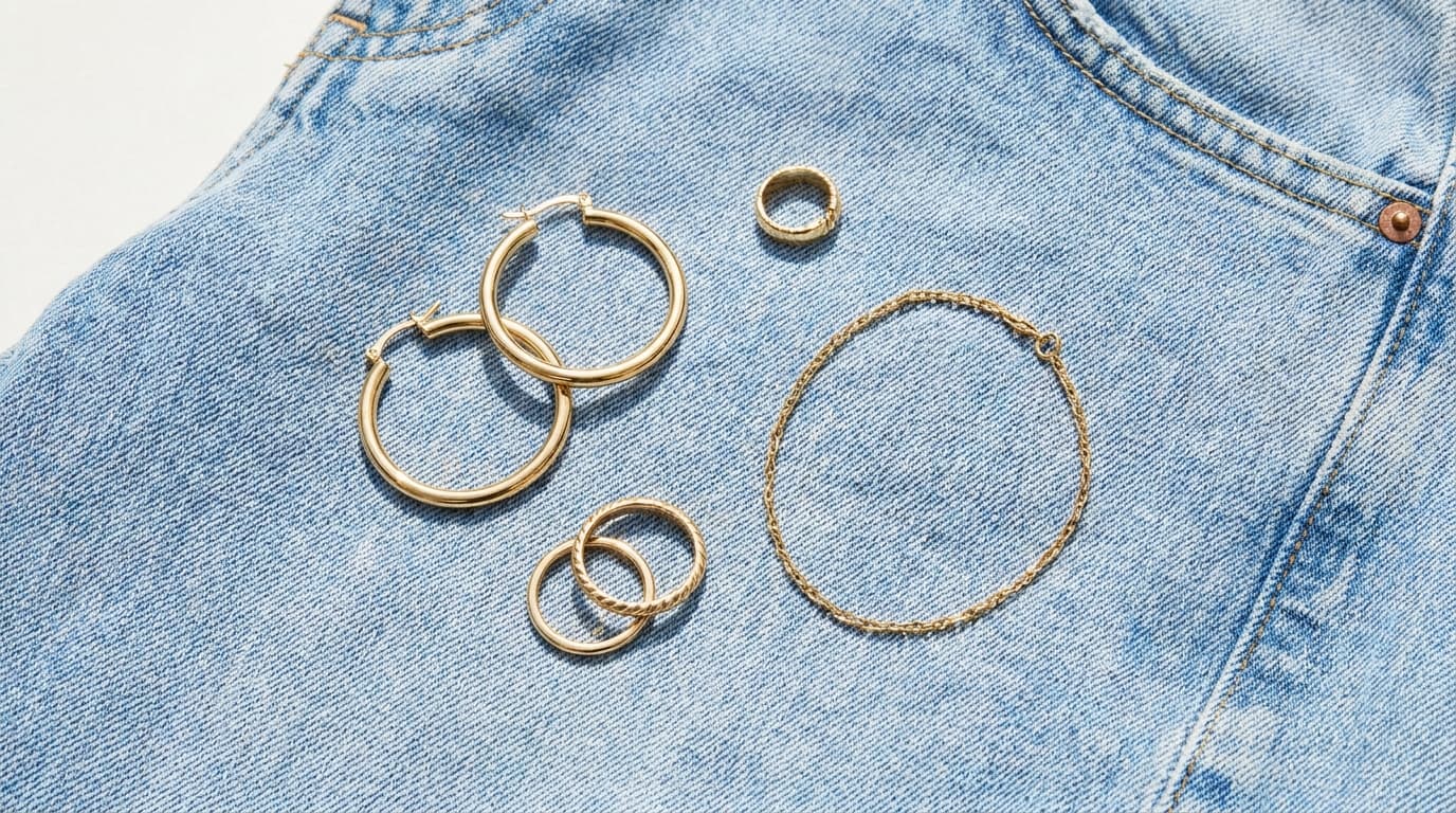 Gold hoops, stacking rings, a chain bracelet and an ear cuff on light blue denim