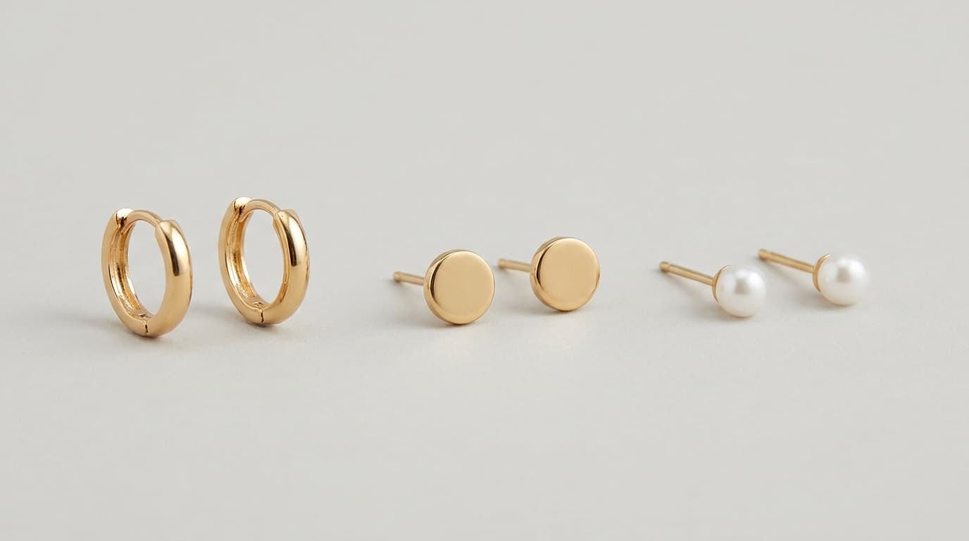 Gold-tone huggie hoops, plain studs and pearl studs on a grey studio background