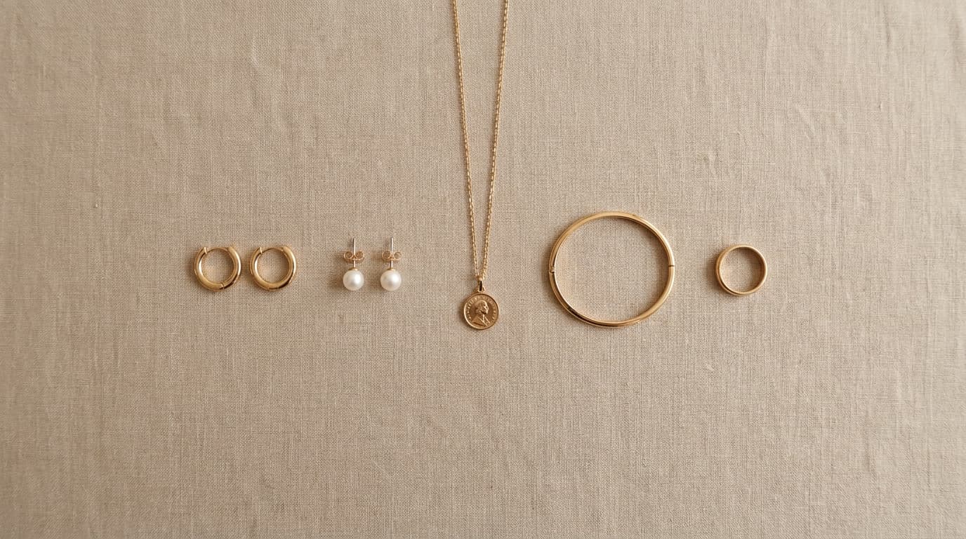 A five-piece jewellery capsule of hoops, pearl studs, chain, bracelet and ring on beige linen