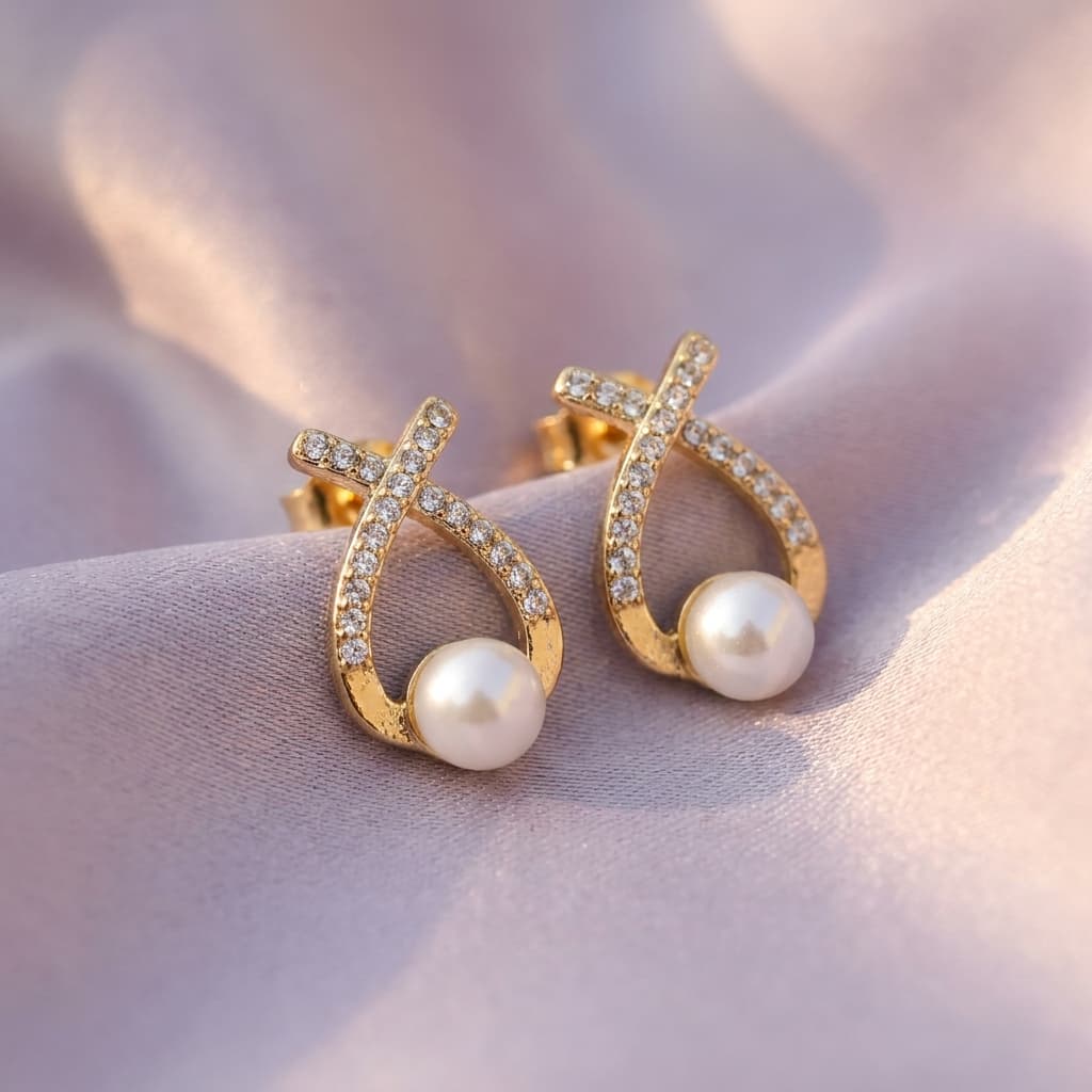 Crossover Pave Studs With Pearl-Look Bead