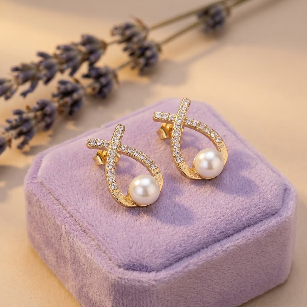 Crossover Pave Studs With Pearl-Look Bead