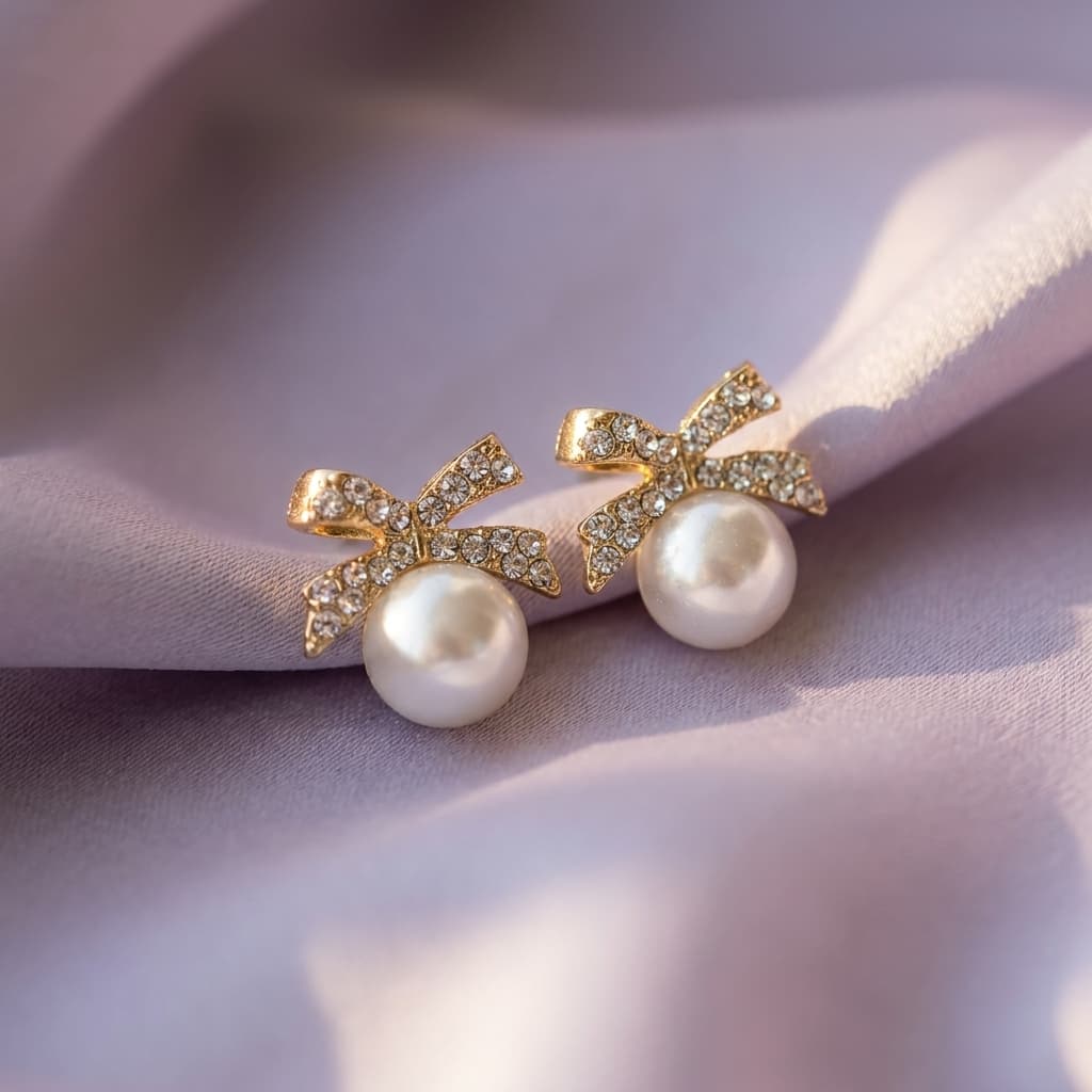 Crystal Bow Studs With Pearl-Look Bead