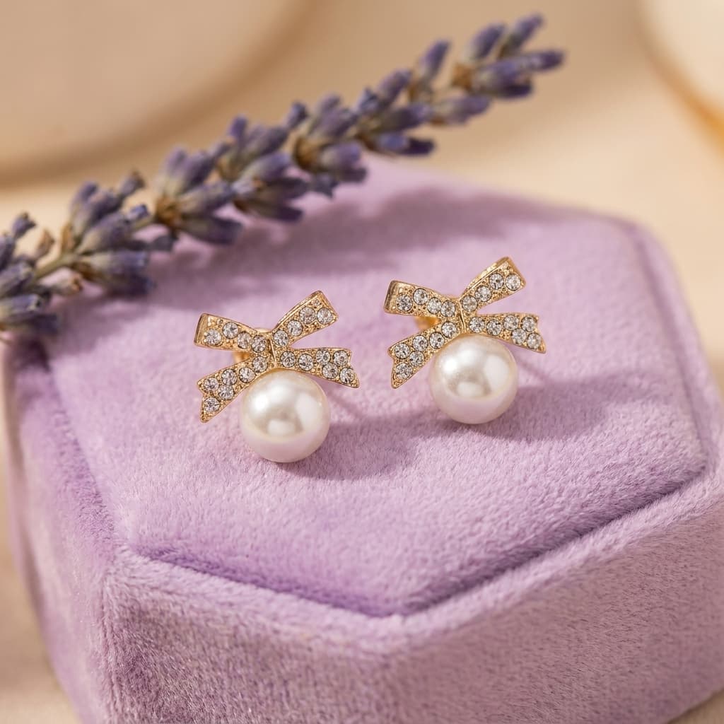 Crystal Bow Studs With Pearl-Look Bead