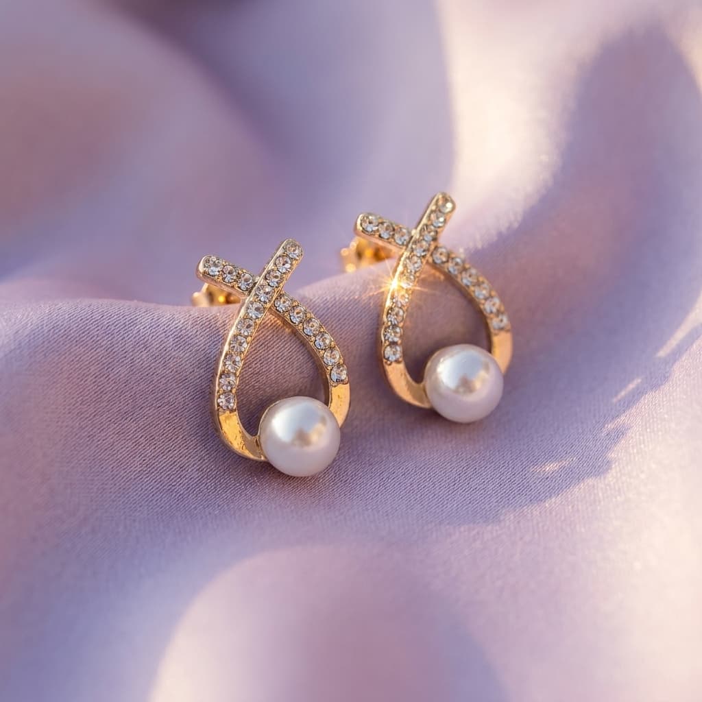 Crossover Crystal Stud Earrings With Pearl-Look Bead