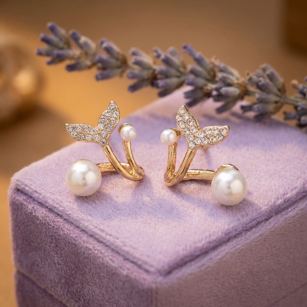 Whale Tail Drop Earrings With Pearl-Look Bead