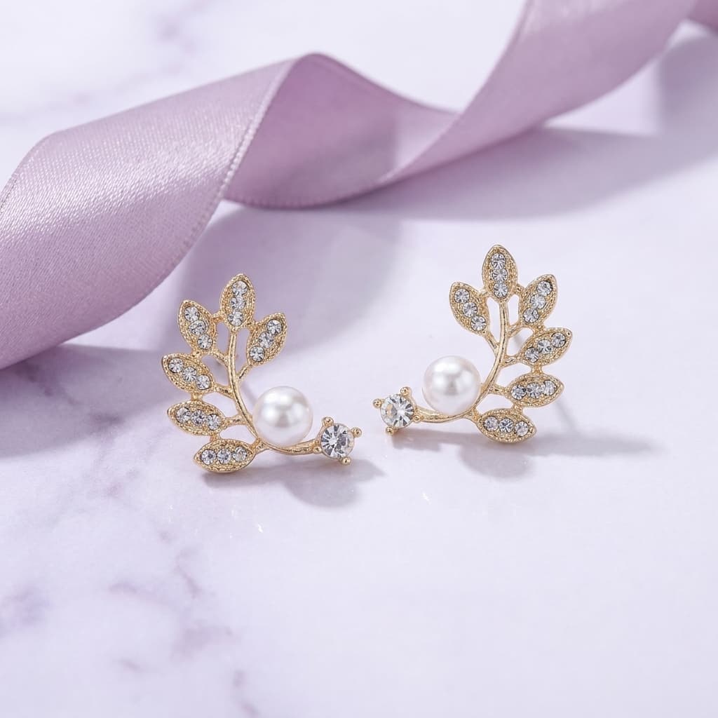 Leafy Vine Ear Climbers With Marquise Crystals