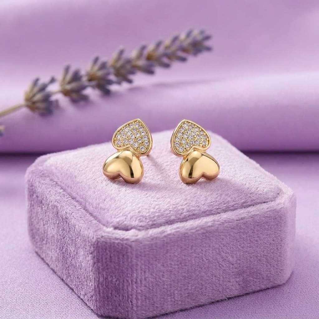 Double Heart Crystal And Gold Stud Earrings