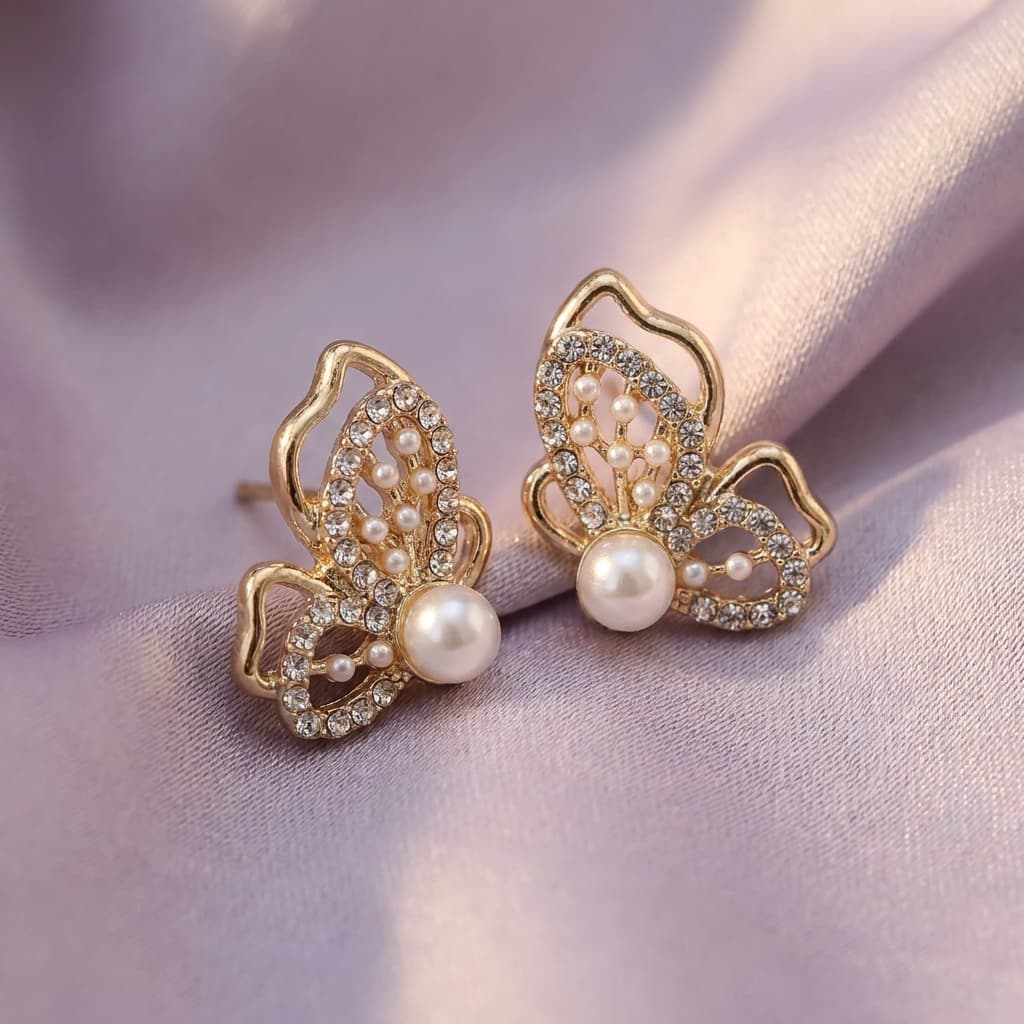 Openwork Butterfly Bow Studs With Beads