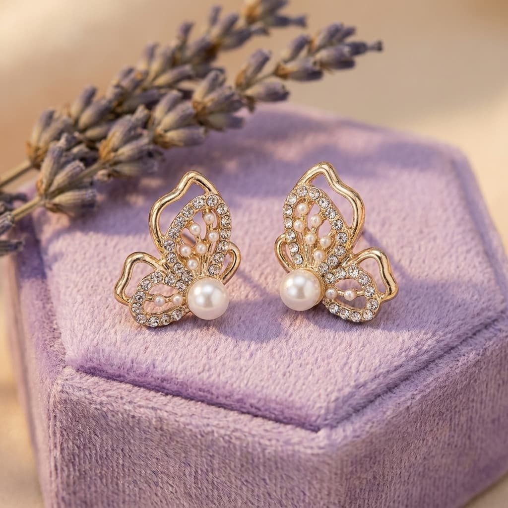 Openwork Butterfly Bow Studs With Beads