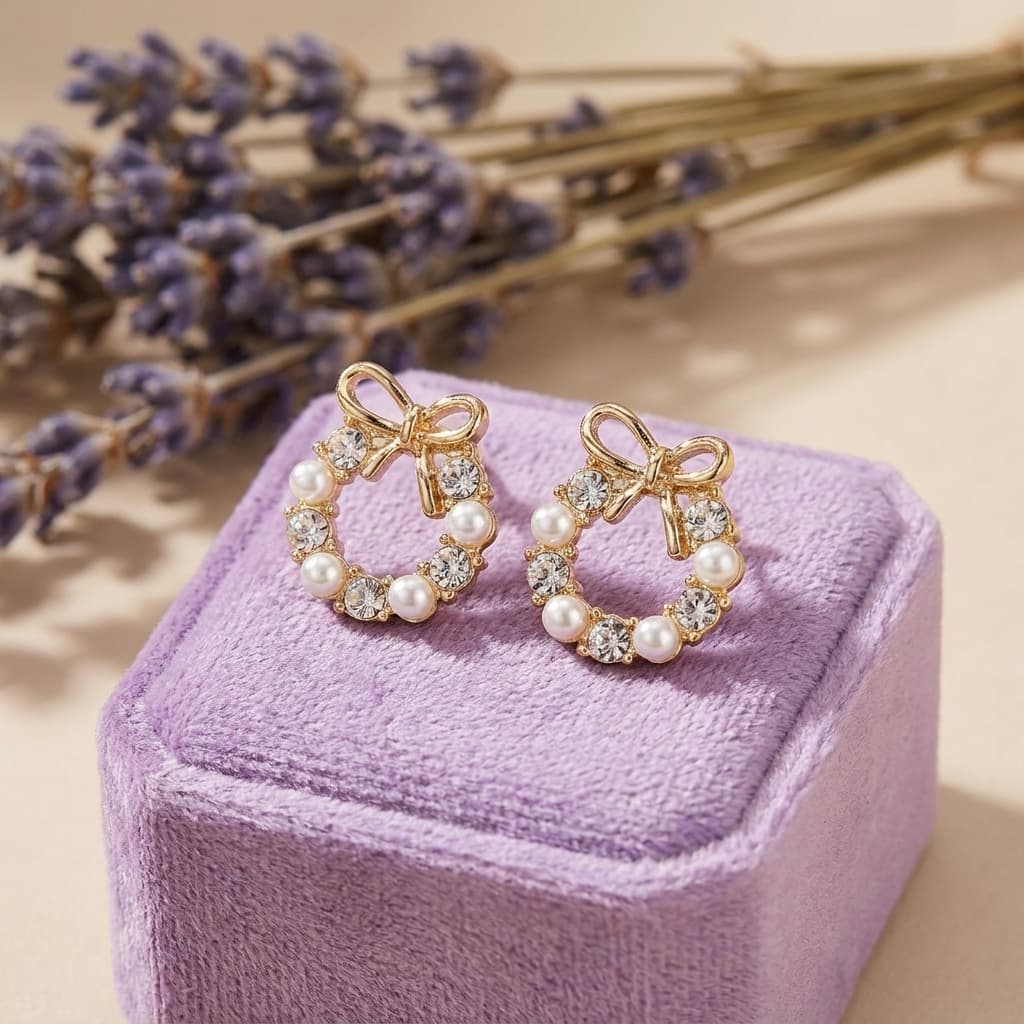 Circular Wreath Studs With Bow Detail