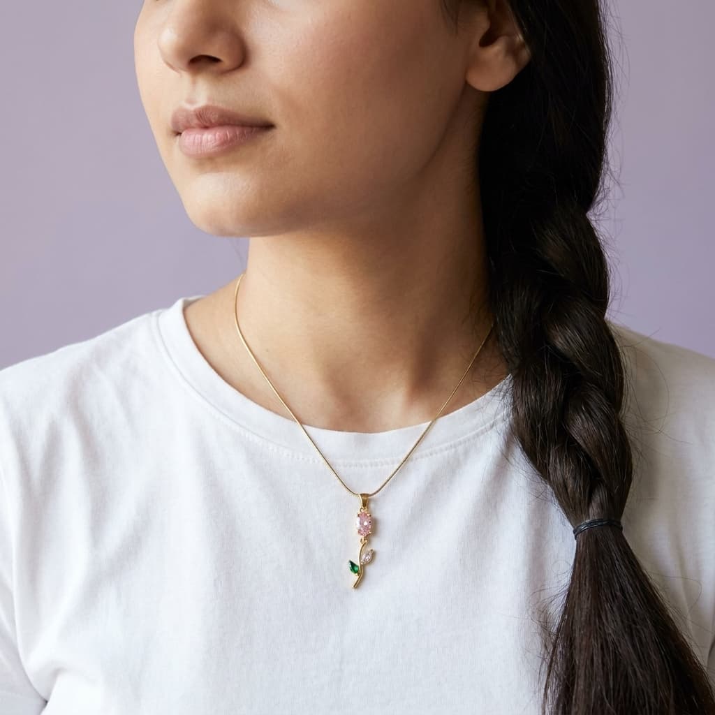 Pink Stone Floral Drop Pendant Chain