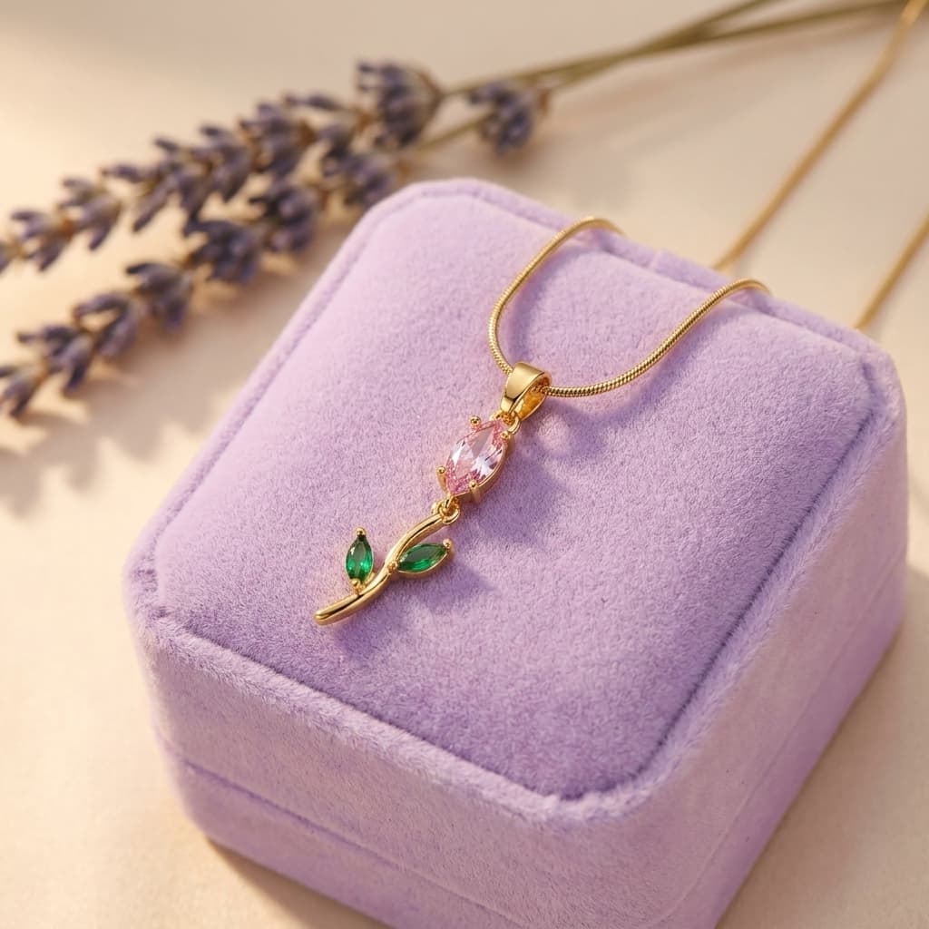 Pink Stone Floral Drop Pendant Chain