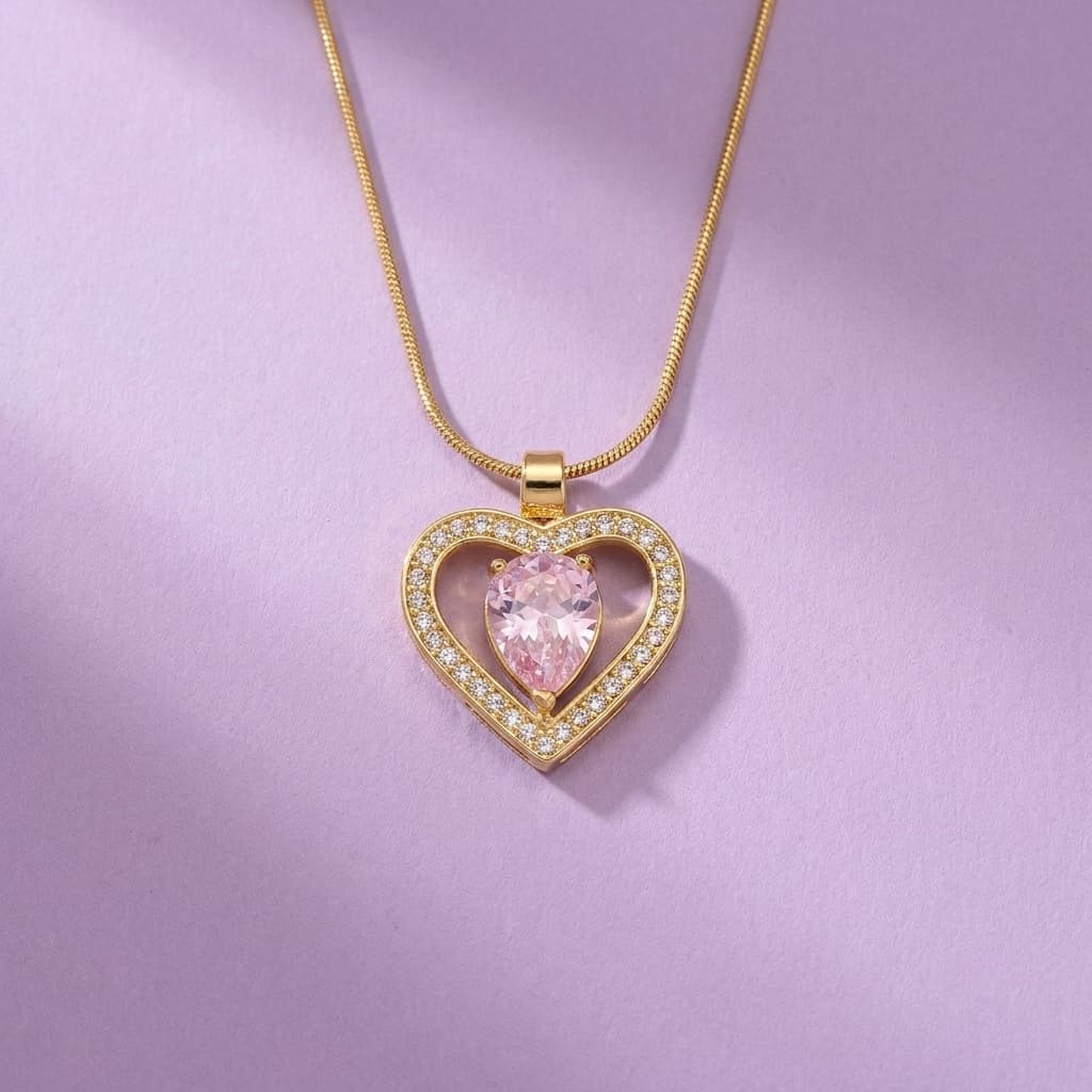 Pink Stone Halo Heart Pendant Chain