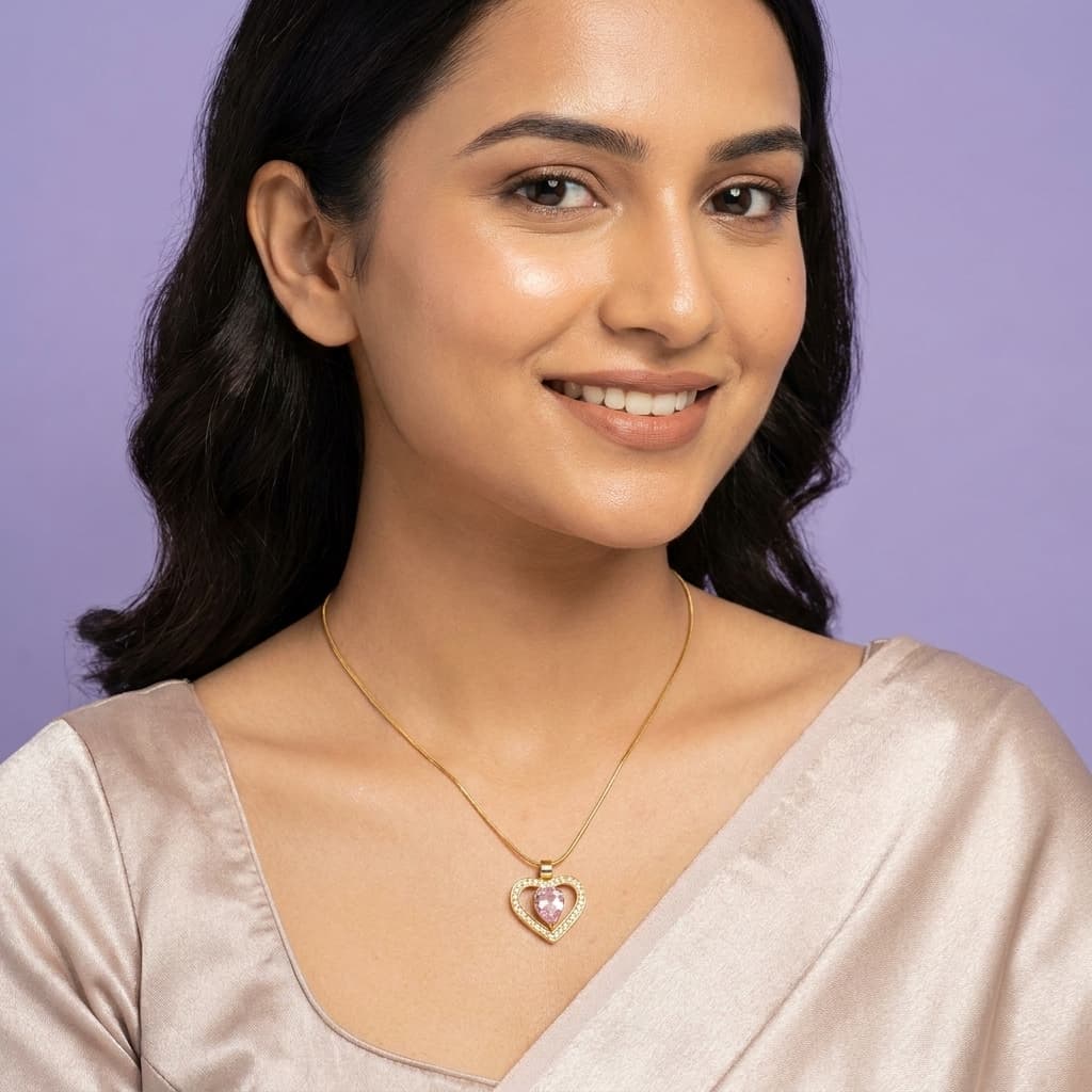 Pink Stone Halo Heart Pendant Chain