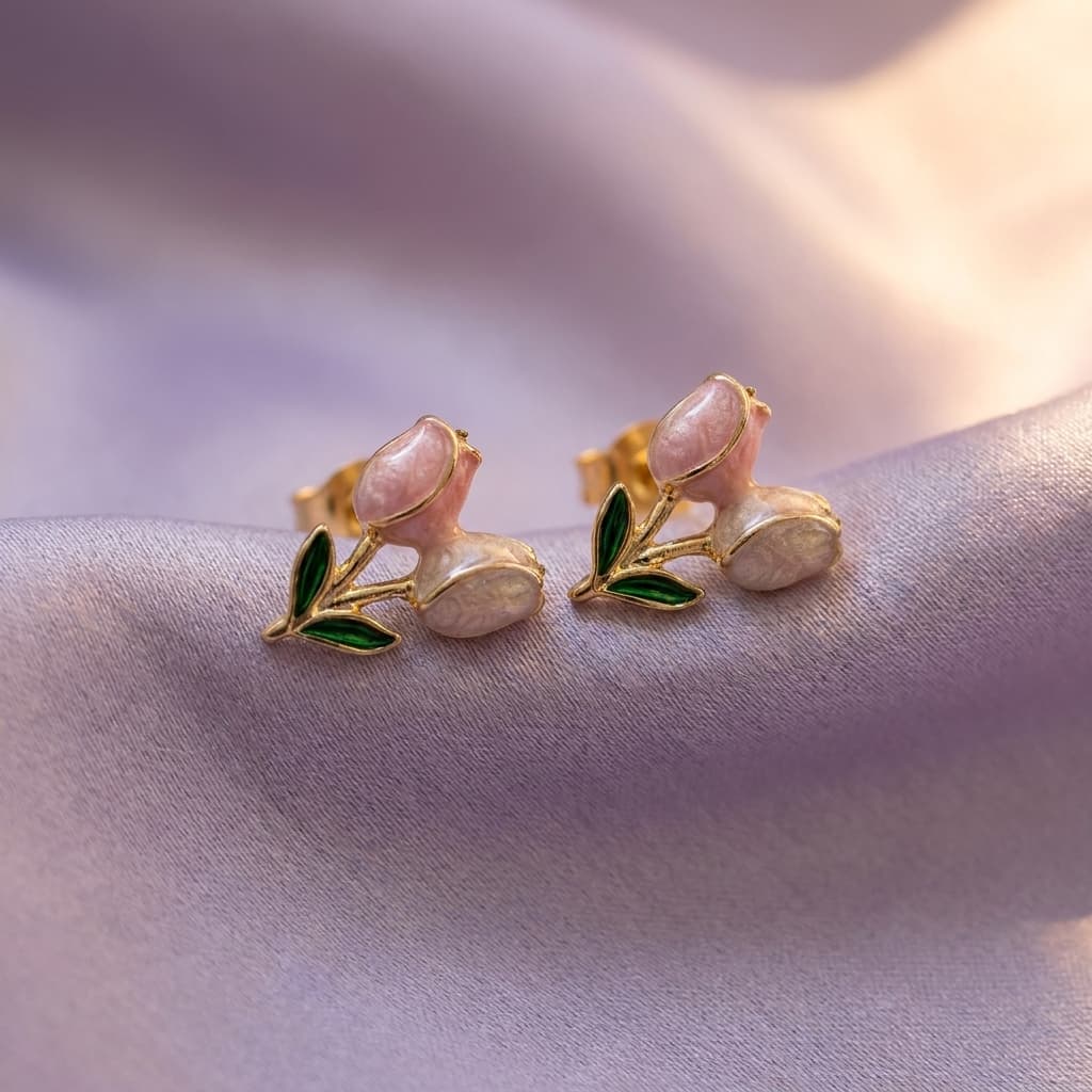 Pink Tulip Enamel Stud Earrings