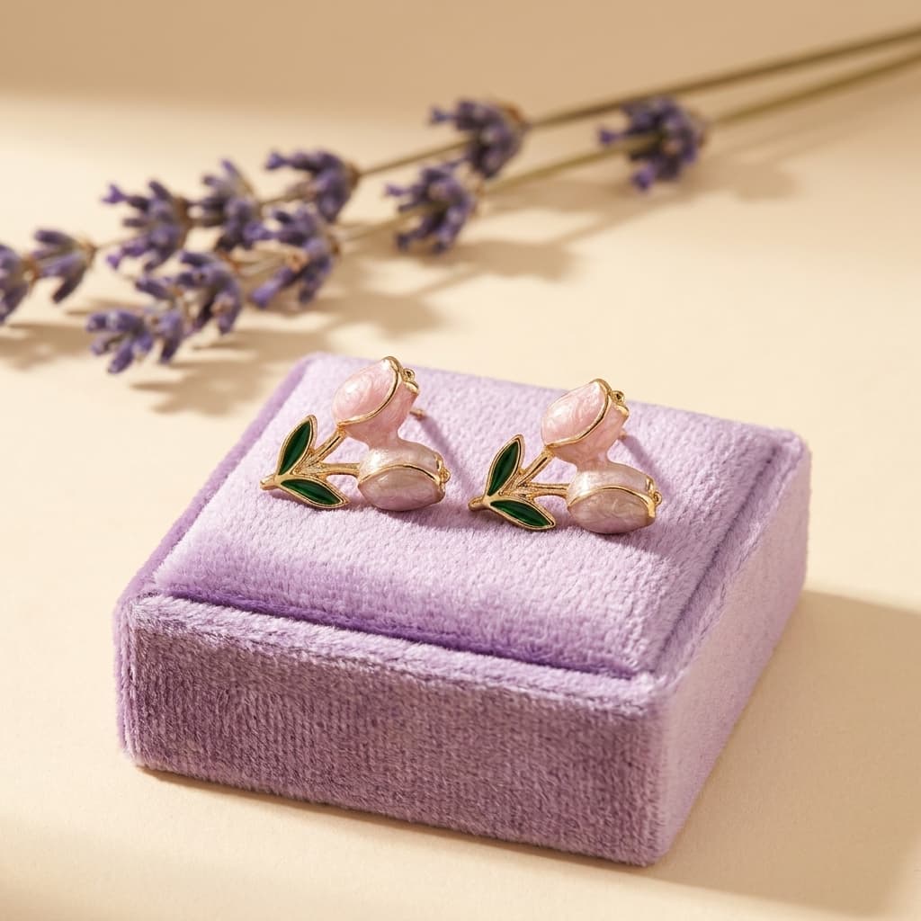 Pink Tulip Enamel Stud Earrings