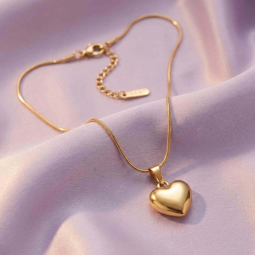 Gold-Toned Puffed Heart Pendant Chain