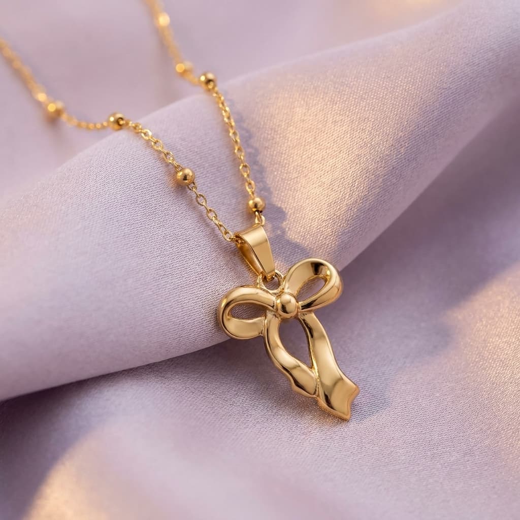 Gold-Toned Ribbon Bow Satellite Chain