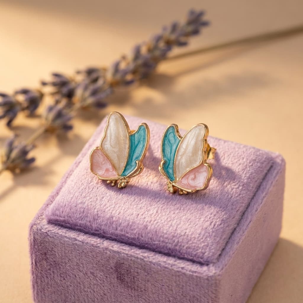 Enamel Butterfly Studs In Teal And Cream